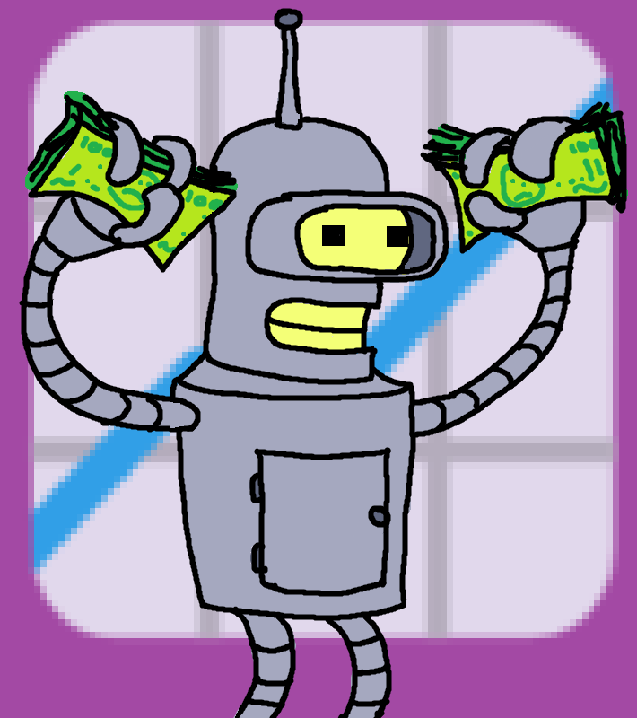 MS Paint doodle of Bender from Futurama holding fistfuls of 100 dollar bills in front of the line go up emoji